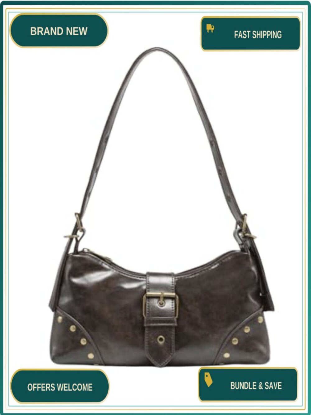 Y2K Vintage PU Leather Shoulder Bag Studded Zip Concert Outfit Purse